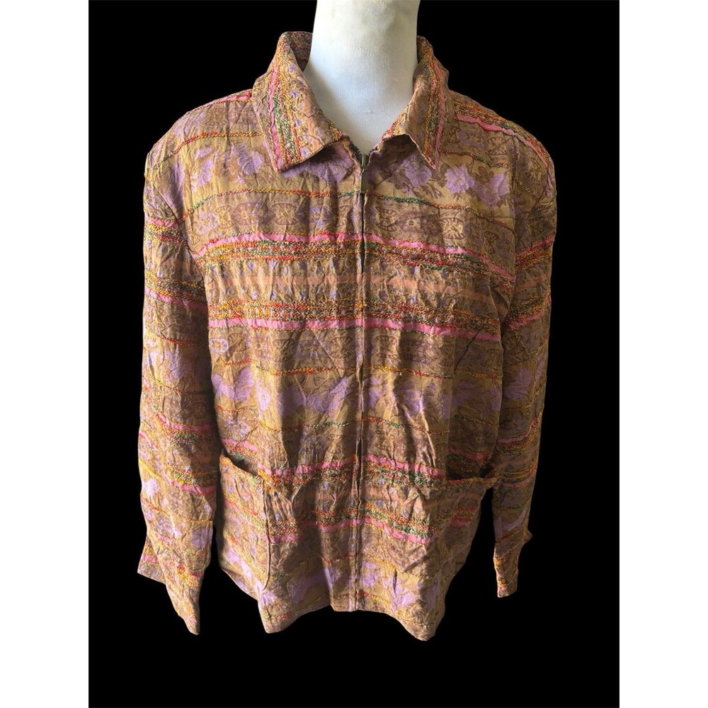 Coldwater Creek Boucle Tapestry Zip Front Blazer Pockets Boho Brights XL Petite